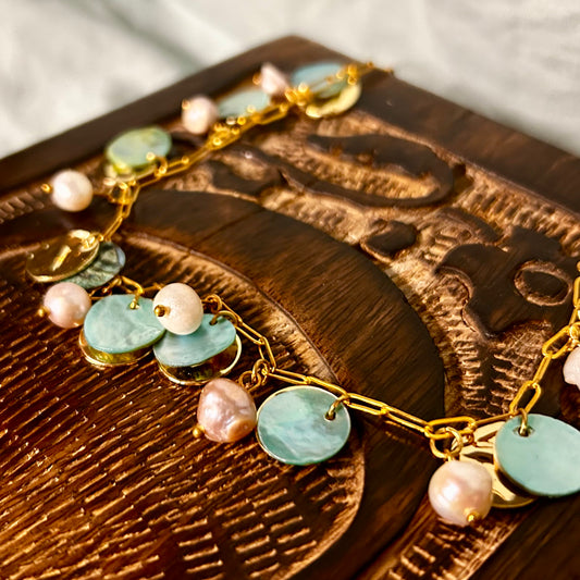 Pink Freshwater Pearls with Teal Shells and Gold Coins on Paperclip Chain