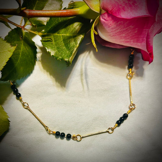 Gold Bar Necklace with Black Beads