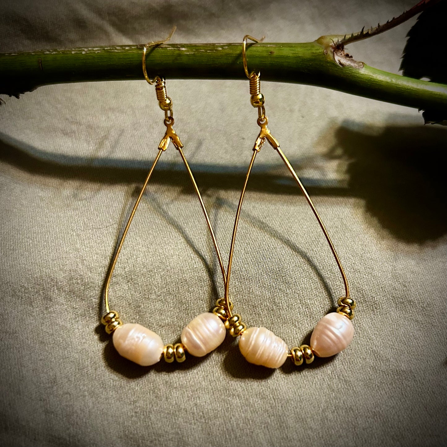 Pink Pearl on Gold Teardrop Earrings