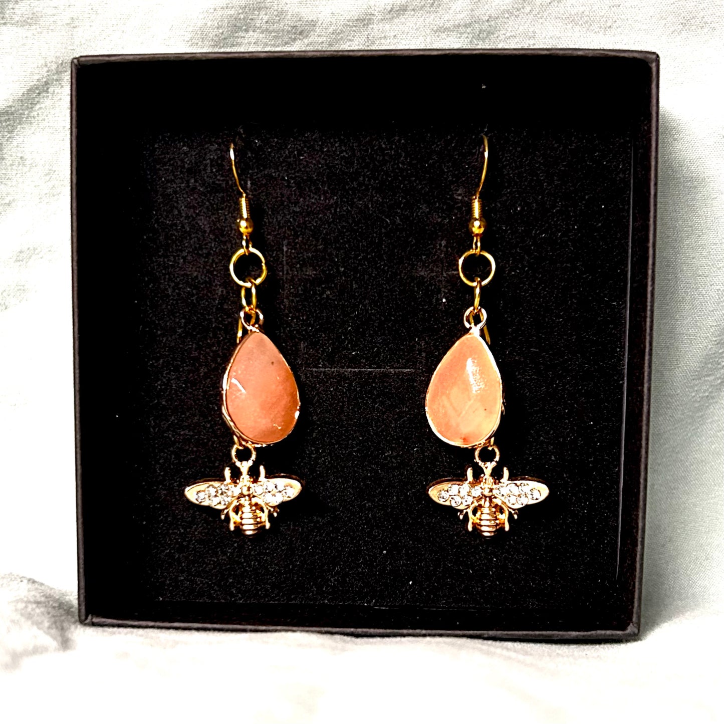 Pink Quartz Earrings with Rhinestone Gold Bees