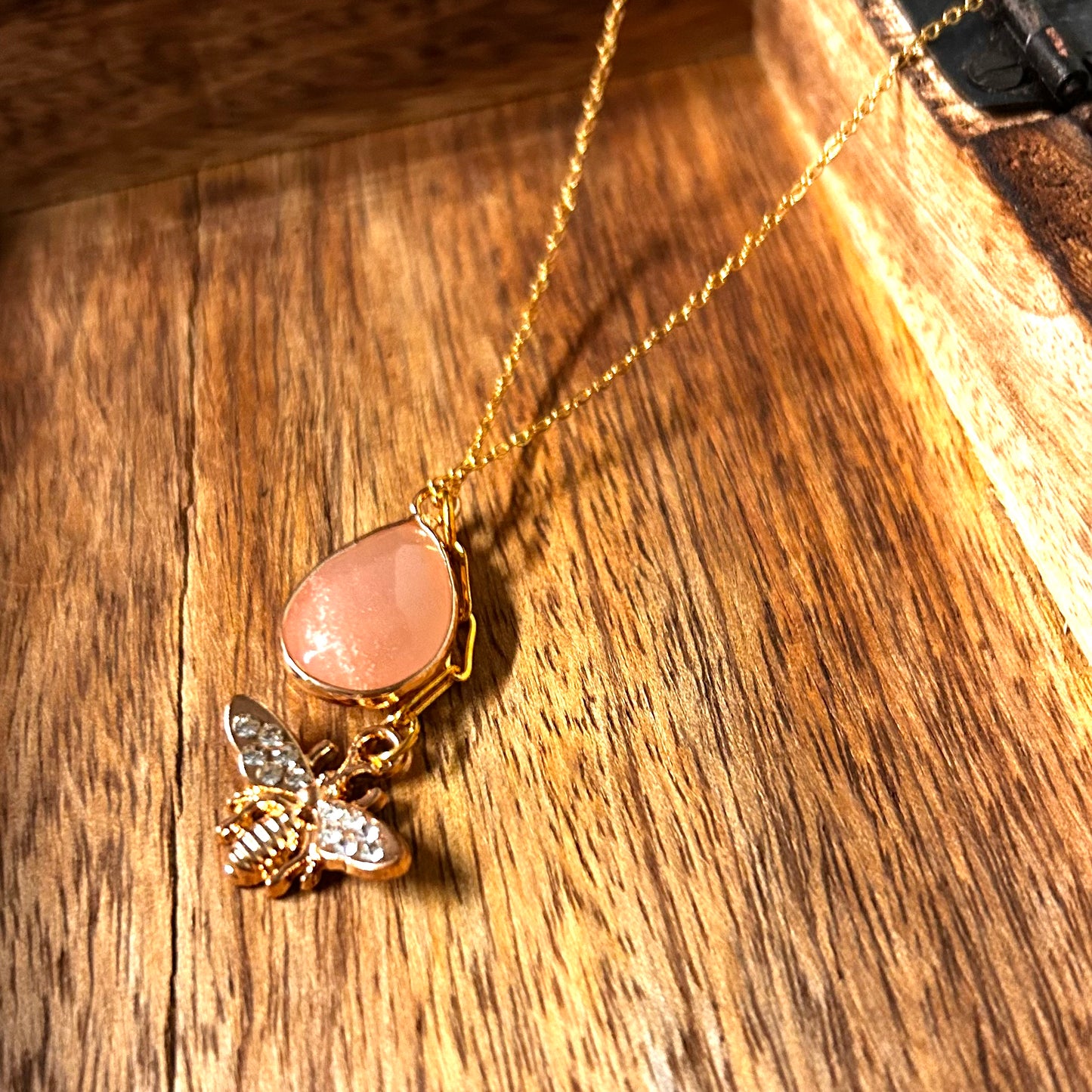 Pink Quartz Pendant with Gold Rhinestone Bee