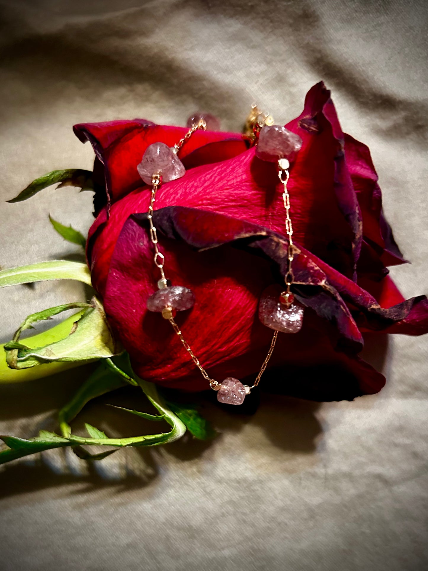 Strawberry Quartz Gold Chain Bracelet