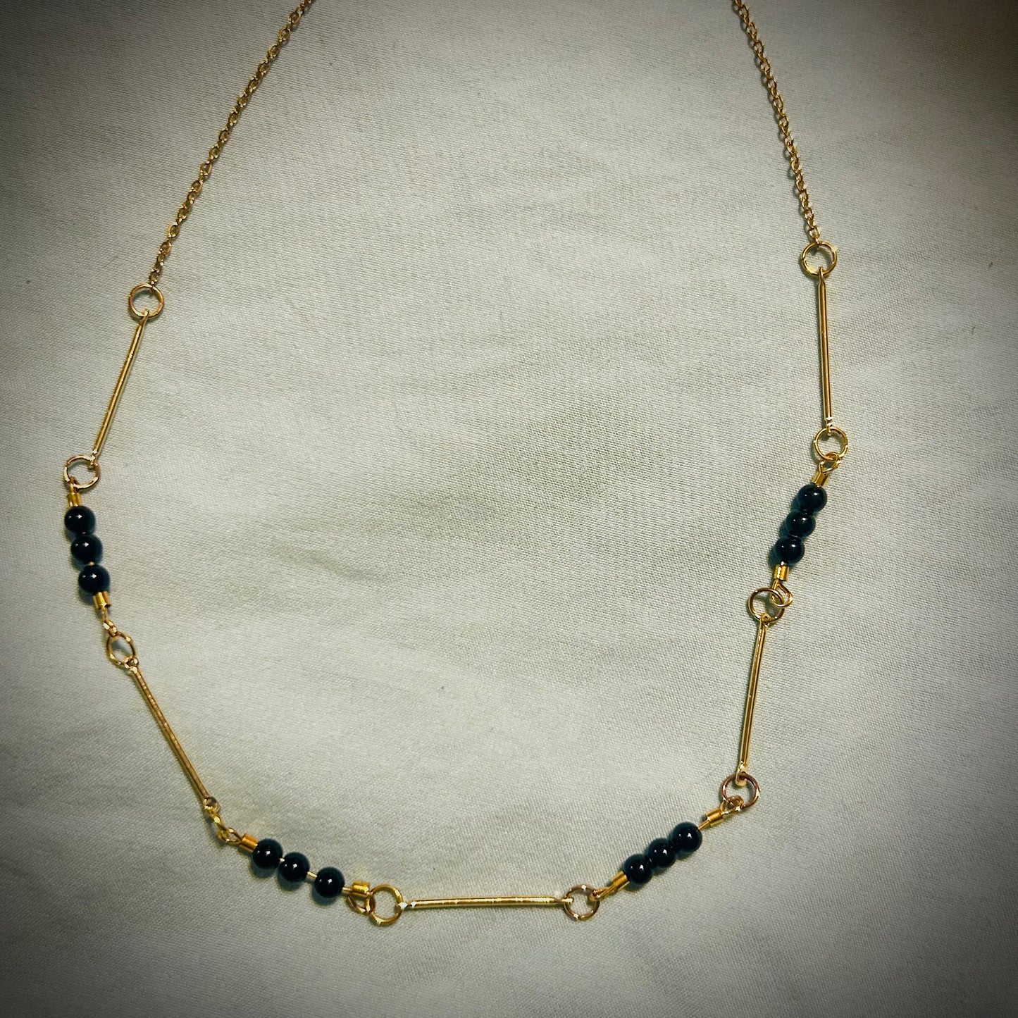 Gold Bar Necklace with Black Beads