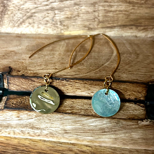 Teal Shell and Gold Coin drop Earrings