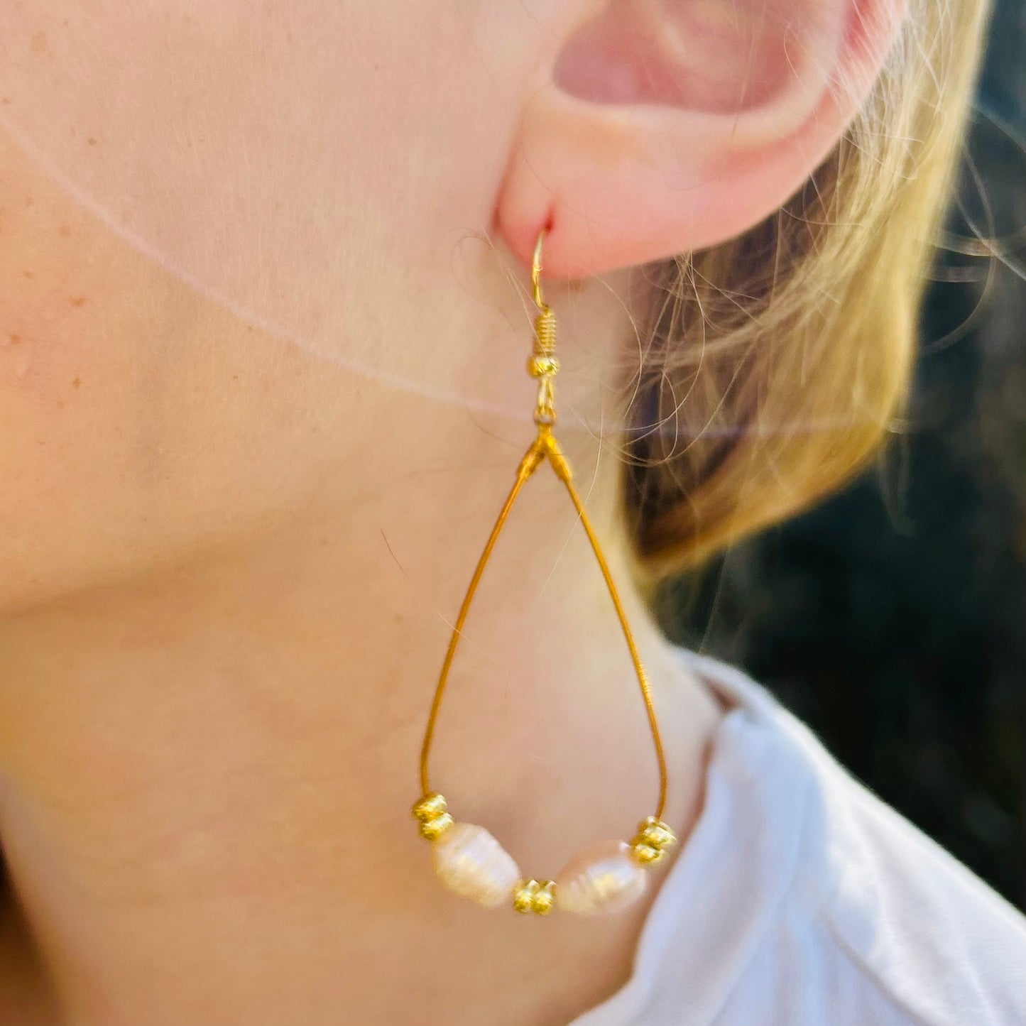 Pink Pearl on Gold Teardrop Earrings