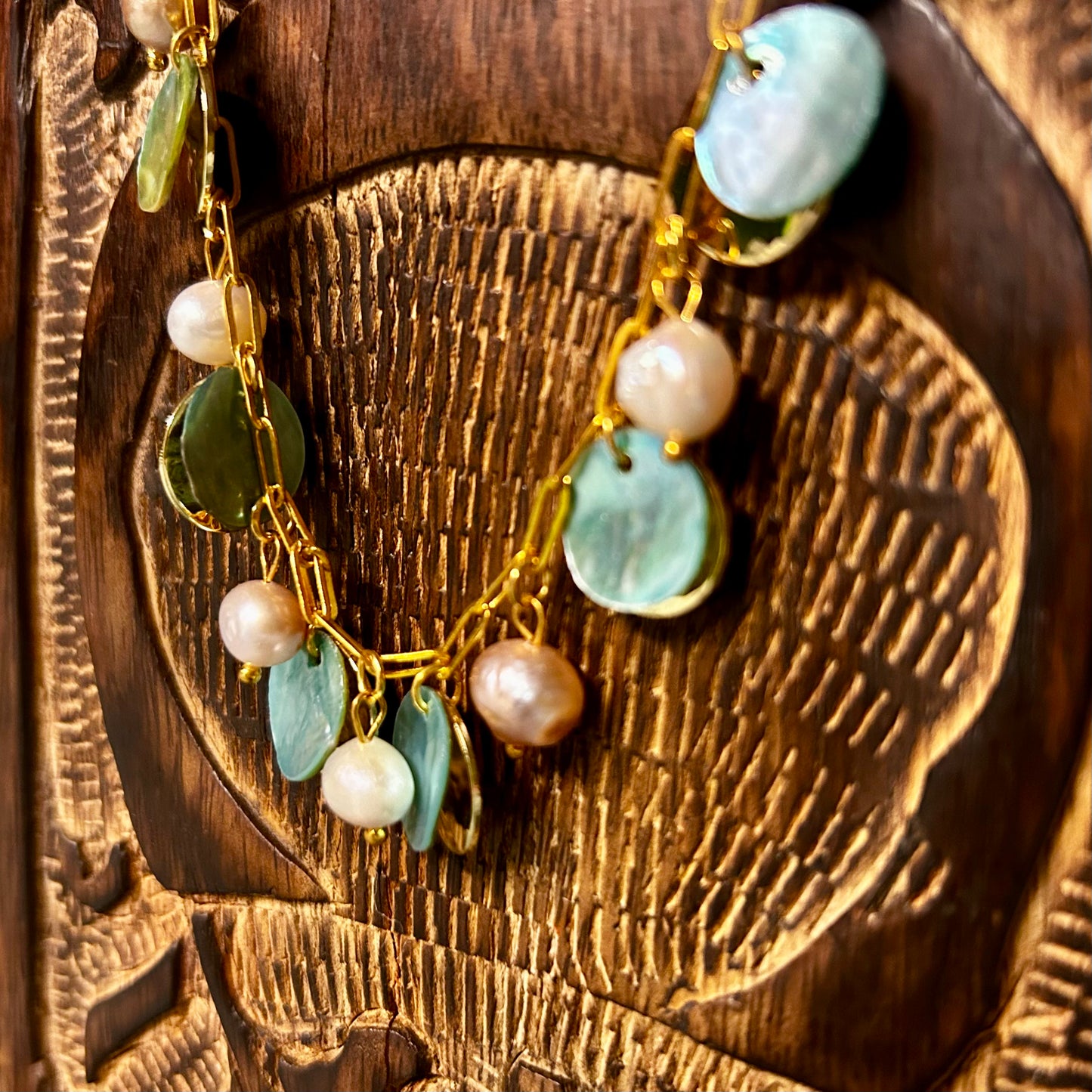 Pink Freshwater Pearls with Teal Shells and Gold Coins on Paperclip Chain