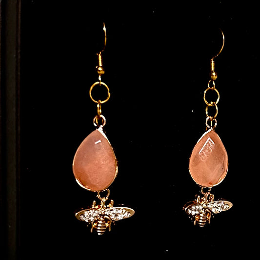 Pink Quartz Earrings with Rhinestone Gold Bees