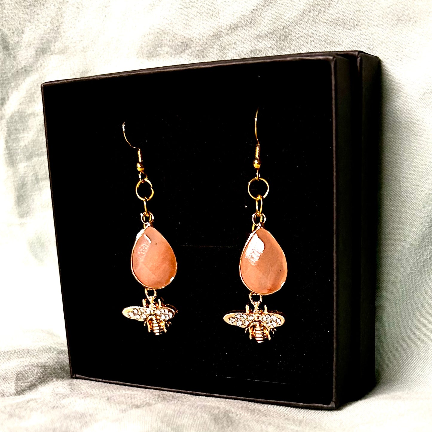 Pink Quartz Earrings with Rhinestone Gold Bees