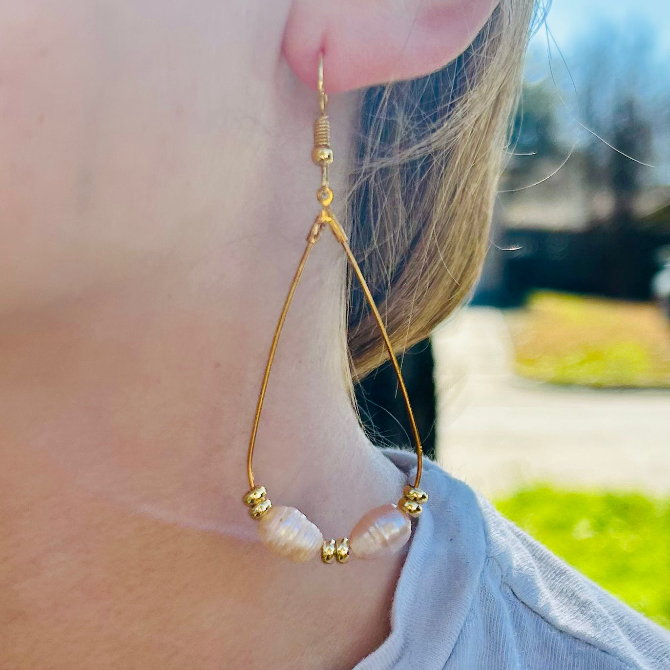 Pink Pearl on Gold Teardrop Earrings