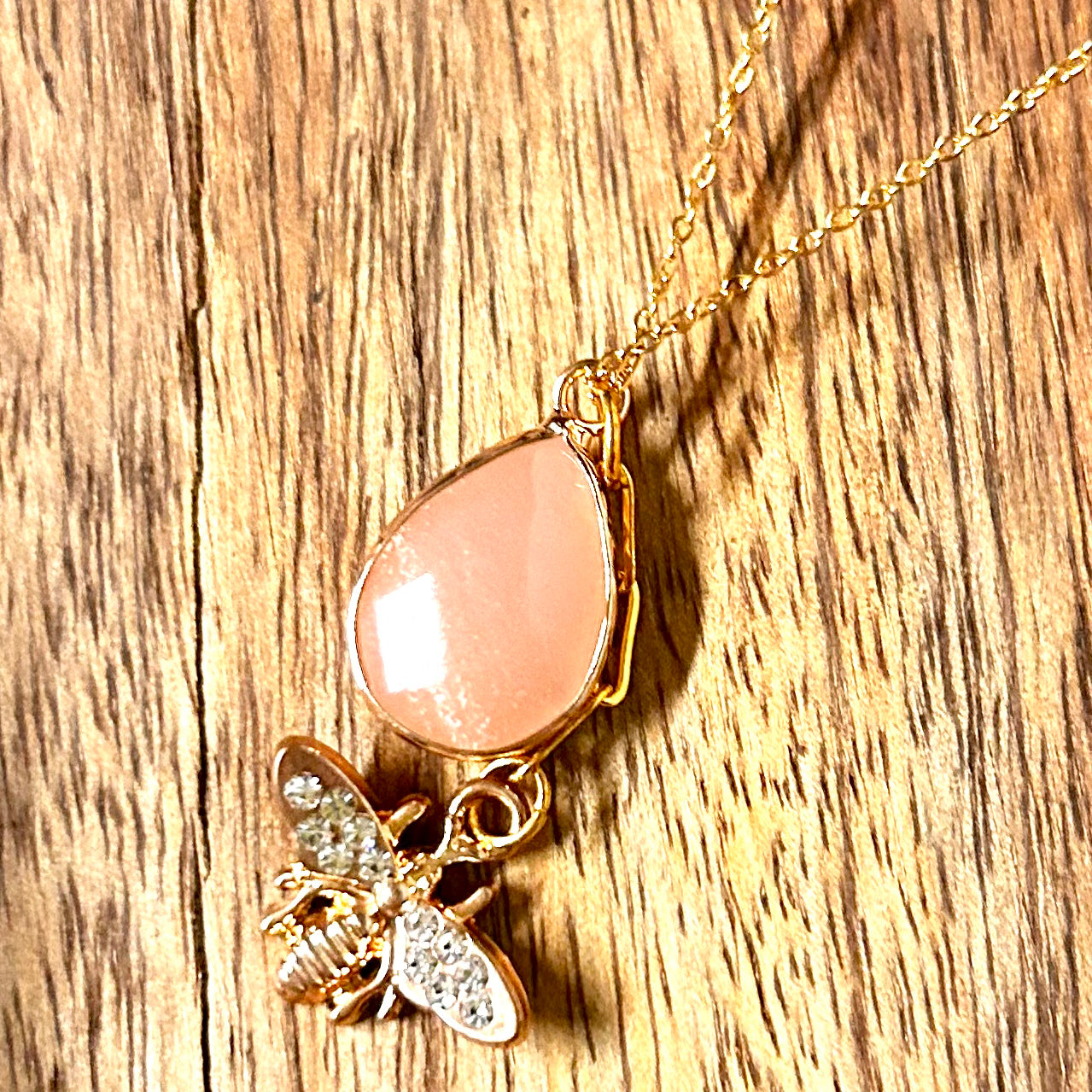 Pink Quartz Pendant with Gold Rhinestone Bee