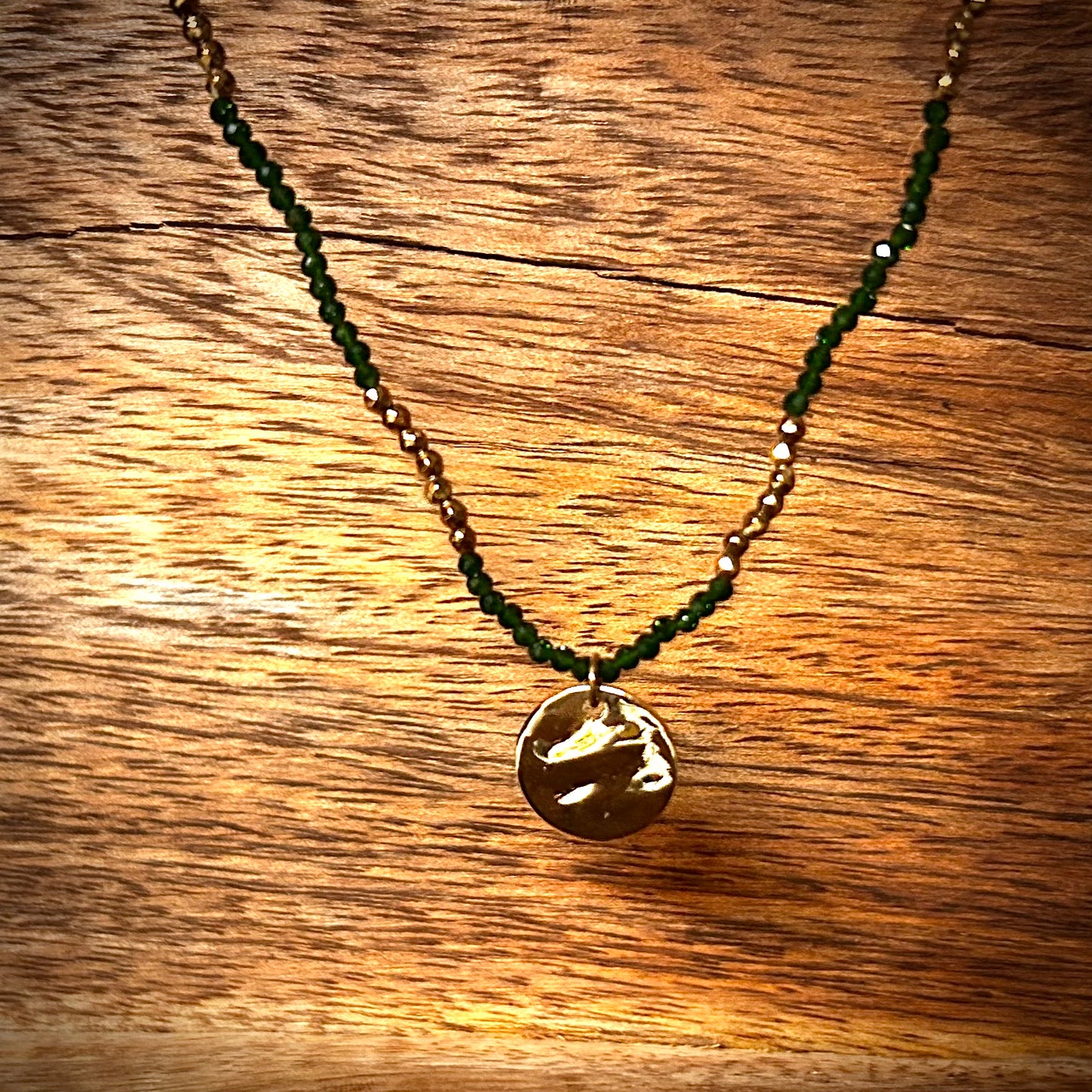 Green and Gold Beaded Necklace with Gold Charm