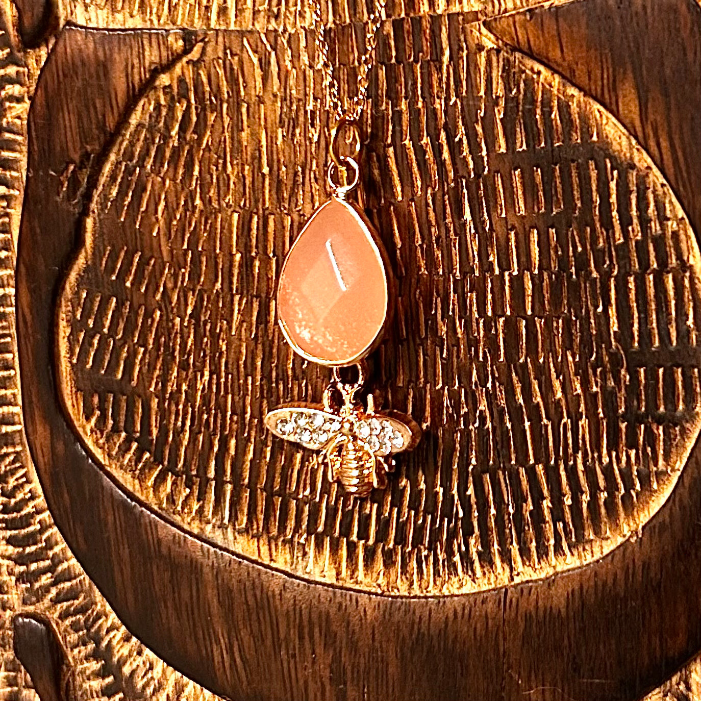 Pink Quartz Pendant with Gold Rhinestone Bee