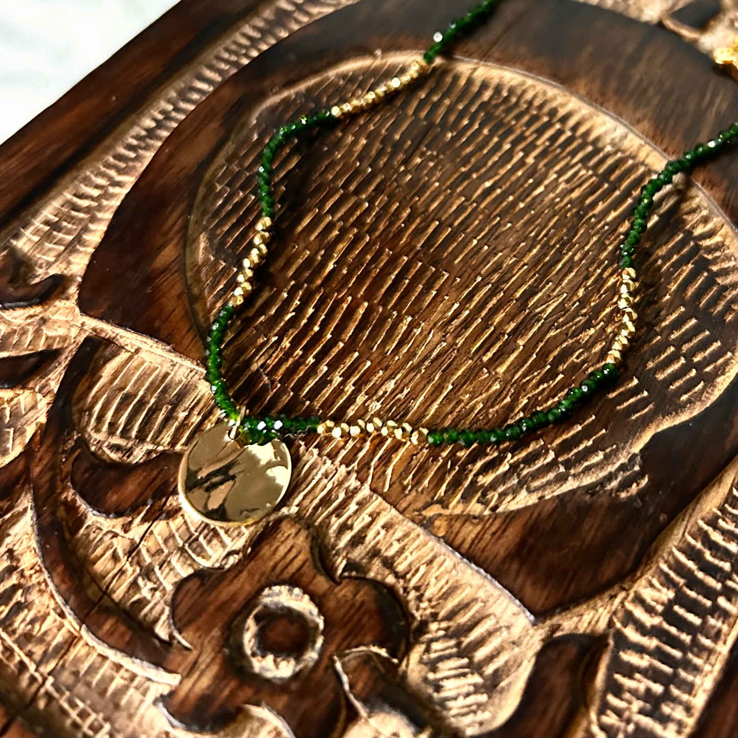 Green and Gold Beaded Necklace with Gold Charm